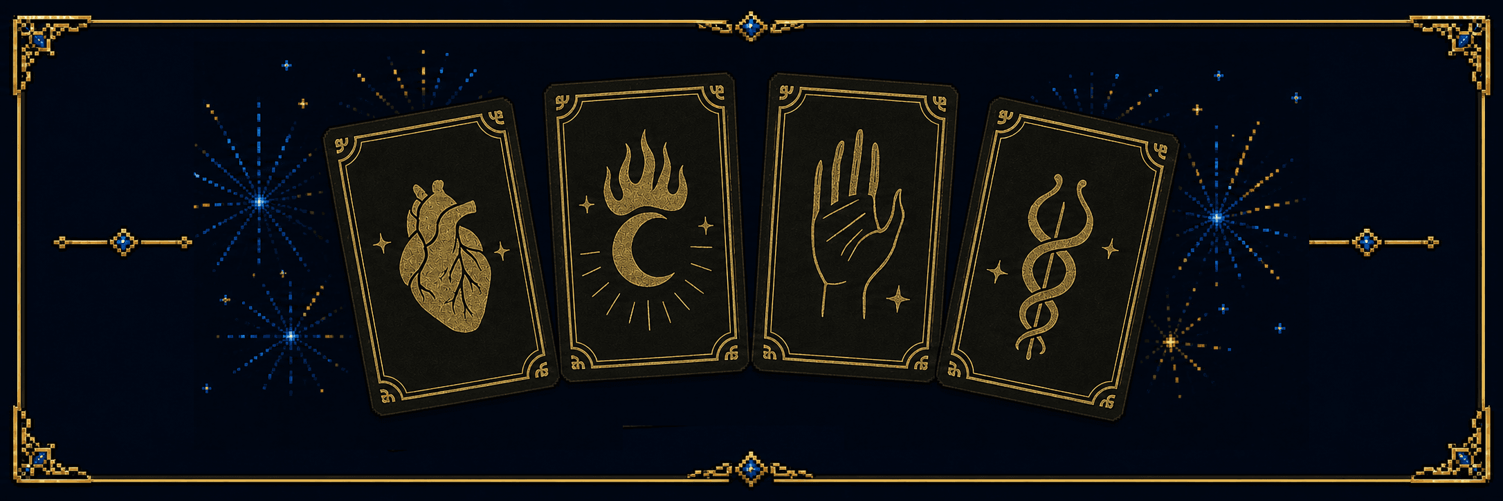 A fan of gold-on-black Global Deck cards in an ornate gold frame