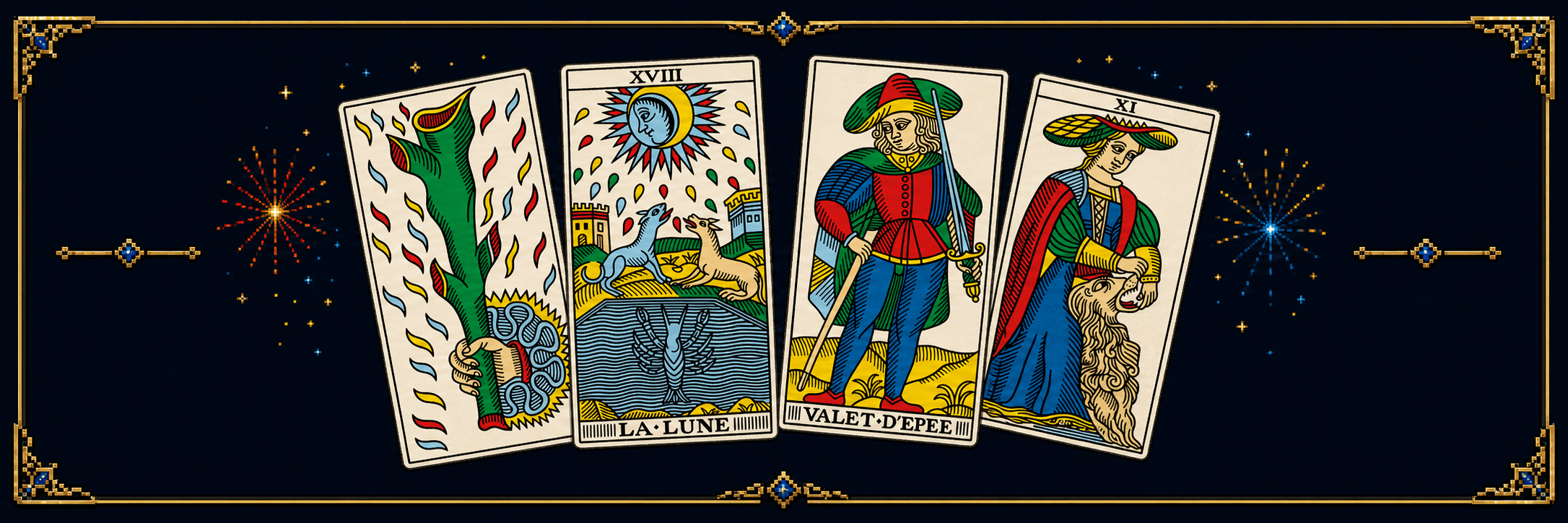 A fan of colourful Local Deck tarot cards in an ornate gold frame