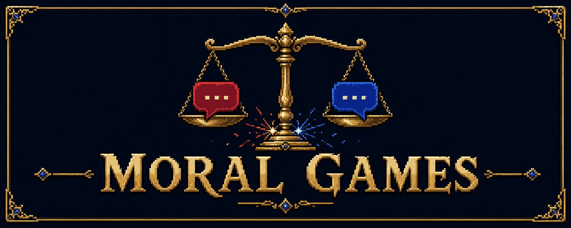 Pixel-art moral.games title with scales and red and blue speech bubbles